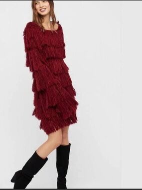 Free People Bali Fringe Sweater Dress Red Boho Shaggy Knit Festival Tunic XS